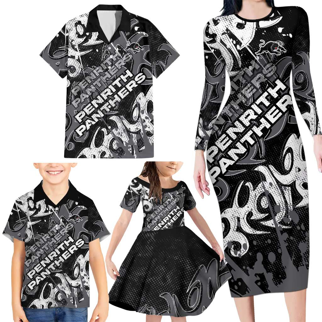 Personalized Penrith Panthers Rugby Family Matching Long Sleeve Bodycon Dress and Hawaiian Shirt Urban Street Graffiti Style - Distressed Splatter Elements
