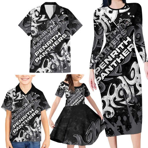 Personalized Penrith Panthers Rugby Family Matching Long Sleeve Bodycon Dress and Hawaiian Shirt Urban Street Graffiti Style - Distressed Splatter Elements