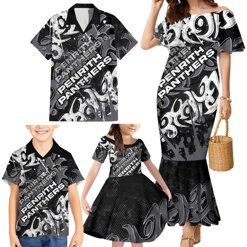 Personalized Penrith Panthers Rugby Family Matching Mermaid Dress and Hawaiian Shirt Urban Street Graffiti Style - Distressed Splatter Elements