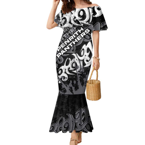 Personalized Penrith Panthers Rugby Family Matching Mermaid Dress and Hawaiian Shirt Urban Street Graffiti Style - Distressed Splatter Elements