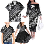 Personalized Penrith Panthers Rugby Family Matching Off The Shoulder Long Sleeve Dress and Hawaiian Shirt Urban Street Graffiti Style - Distressed Splatter Elements