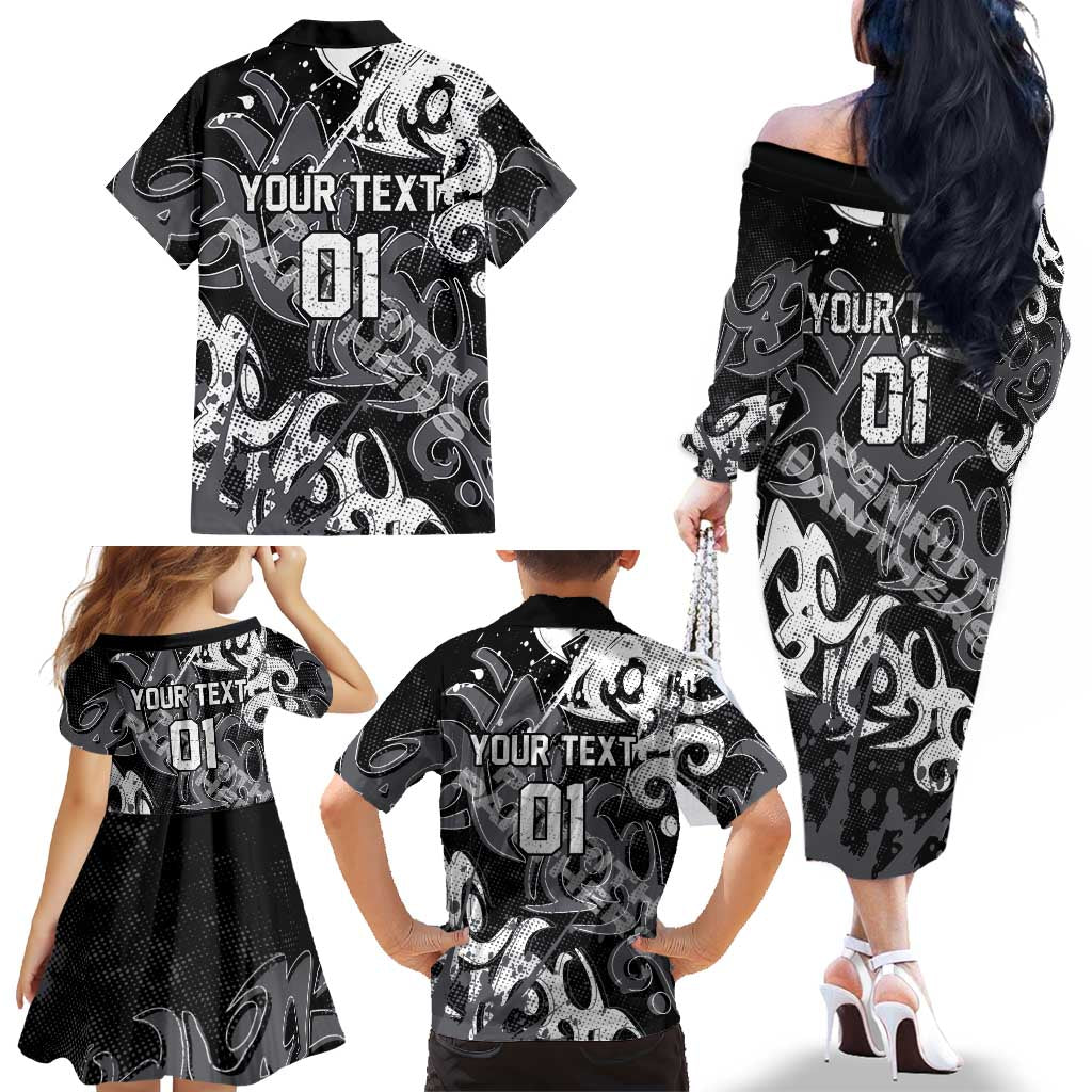 Personalized Penrith Panthers Rugby Family Matching Off The Shoulder Long Sleeve Dress and Hawaiian Shirt Urban Street Graffiti Style - Distressed Splatter Elements