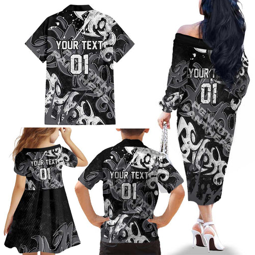 Personalized Penrith Panthers Rugby Family Matching Off The Shoulder Long Sleeve Dress and Hawaiian Shirt Urban Street Graffiti Style - Distressed Splatter Elements