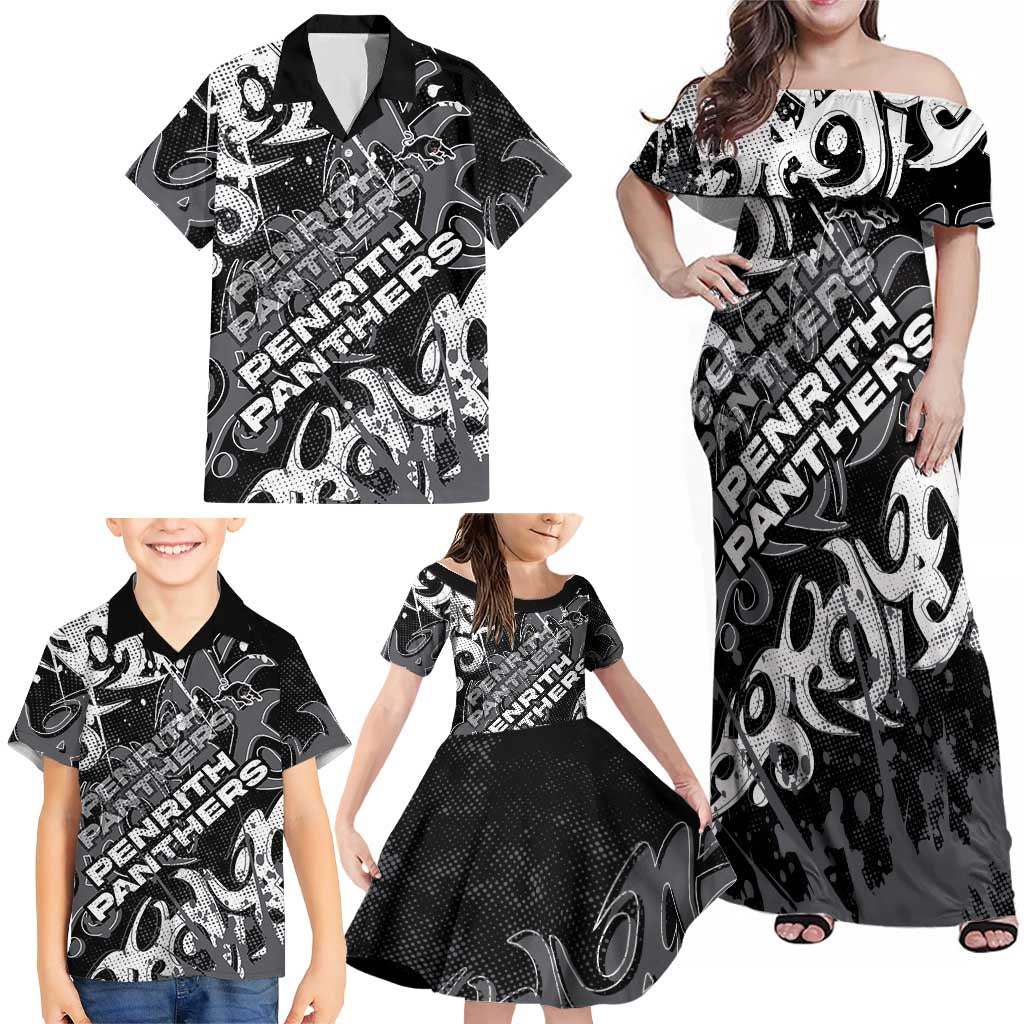 Personalized Penrith Panthers Rugby Family Matching Off Shoulder Maxi Dress and Hawaiian Shirt Urban Street Graffiti Style - Distressed Splatter Elements