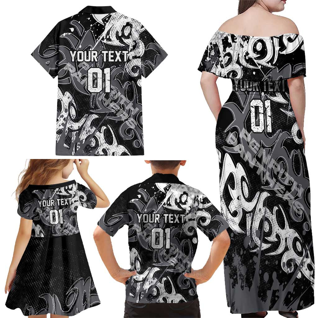 Personalized Penrith Panthers Rugby Family Matching Off Shoulder Maxi Dress and Hawaiian Shirt Urban Street Graffiti Style - Distressed Splatter Elements