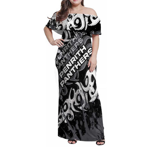 Personalized Penrith Panthers Rugby Family Matching Off Shoulder Maxi Dress and Hawaiian Shirt Urban Street Graffiti Style - Distressed Splatter Elements
