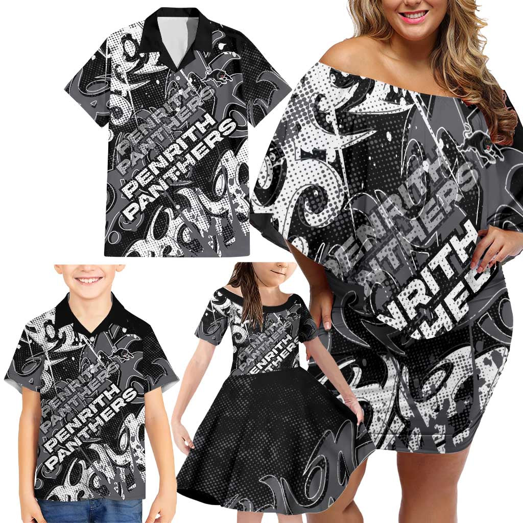 Personalized Penrith Panthers Rugby Family Matching Off Shoulder Short Dress and Hawaiian Shirt Urban Street Graffiti Style - Distressed Splatter Elements