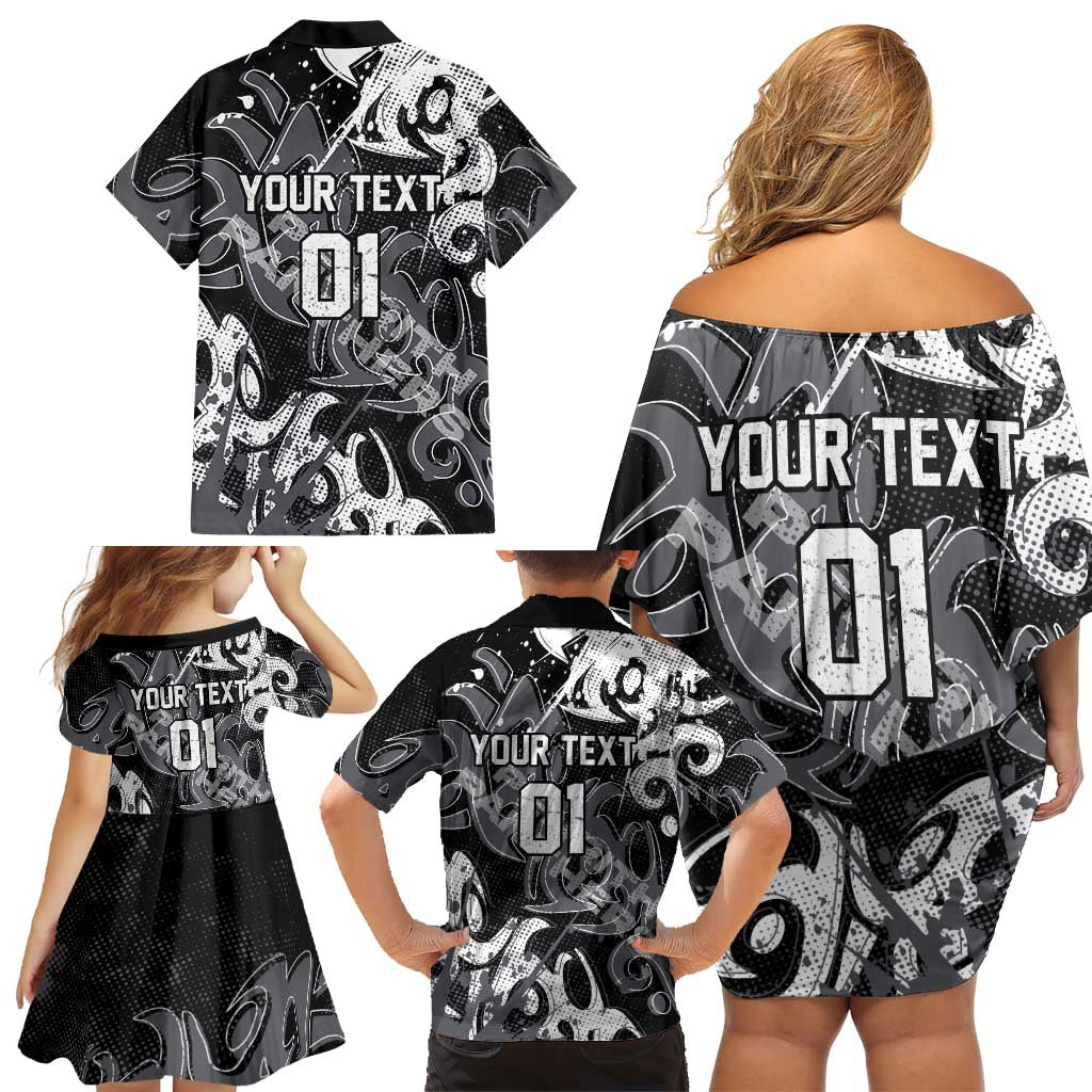 Personalized Penrith Panthers Rugby Family Matching Off Shoulder Short Dress and Hawaiian Shirt Urban Street Graffiti Style - Distressed Splatter Elements