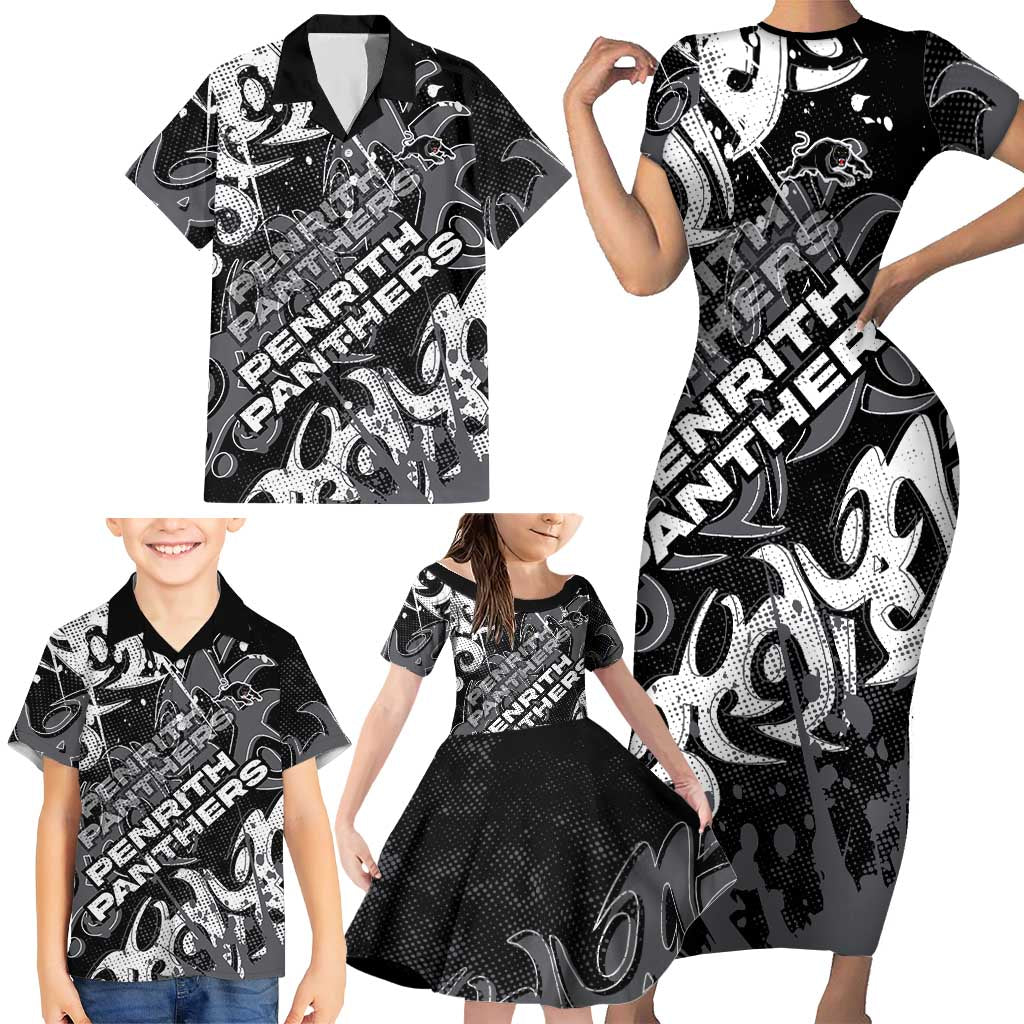 Personalized Penrith Panthers Rugby Family Matching Short Sleeve Bodycon Dress and Hawaiian Shirt Urban Street Graffiti Style - Distressed Splatter Elements