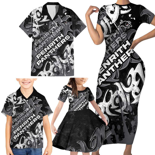 Personalized Penrith Panthers Rugby Family Matching Short Sleeve Bodycon Dress and Hawaiian Shirt Urban Street Graffiti Style - Distressed Splatter Elements