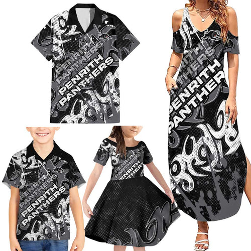 Personalized Penrith Panthers Rugby Family Matching Summer Maxi Dress and Hawaiian Shirt Urban Street Graffiti Style - Distressed Splatter Elements