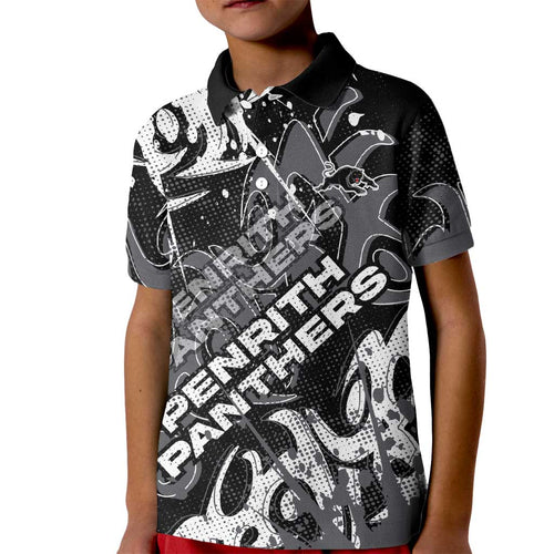 Personalized Penrith Panthers Rugby Kid Polo Shirt Urban Street Graffiti Style - Distressed Splatter Elements