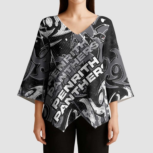 Personalized Penrith Panthers Rugby Kimono Sleeve Blouse Urban Street Graffiti Style - Distressed Splatter Elements