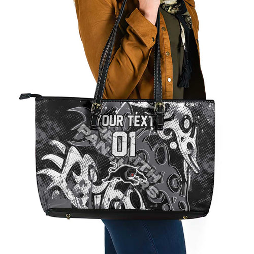 Personalized Penrith Panthers Rugby Leather Tote Bag Urban Street Graffiti Style - Distressed Splatter Elements