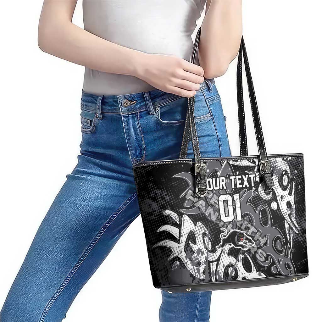 Personalized Penrith Panthers Rugby Leather Tote Bag Urban Street Graffiti Style - Distressed Splatter Elements