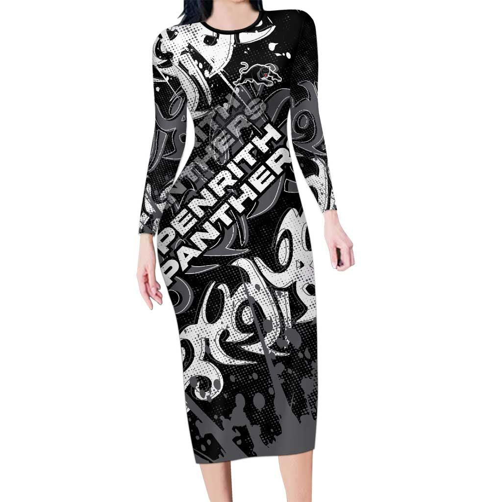 Personalized Penrith Panthers Rugby Long Sleeve Bodycon Dress Urban Street Graffiti Style - Distressed Splatter Elements