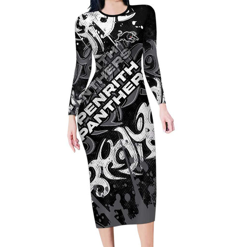 Personalized Penrith Panthers Rugby Long Sleeve Bodycon Dress Urban Street Graffiti Style - Distressed Splatter Elements