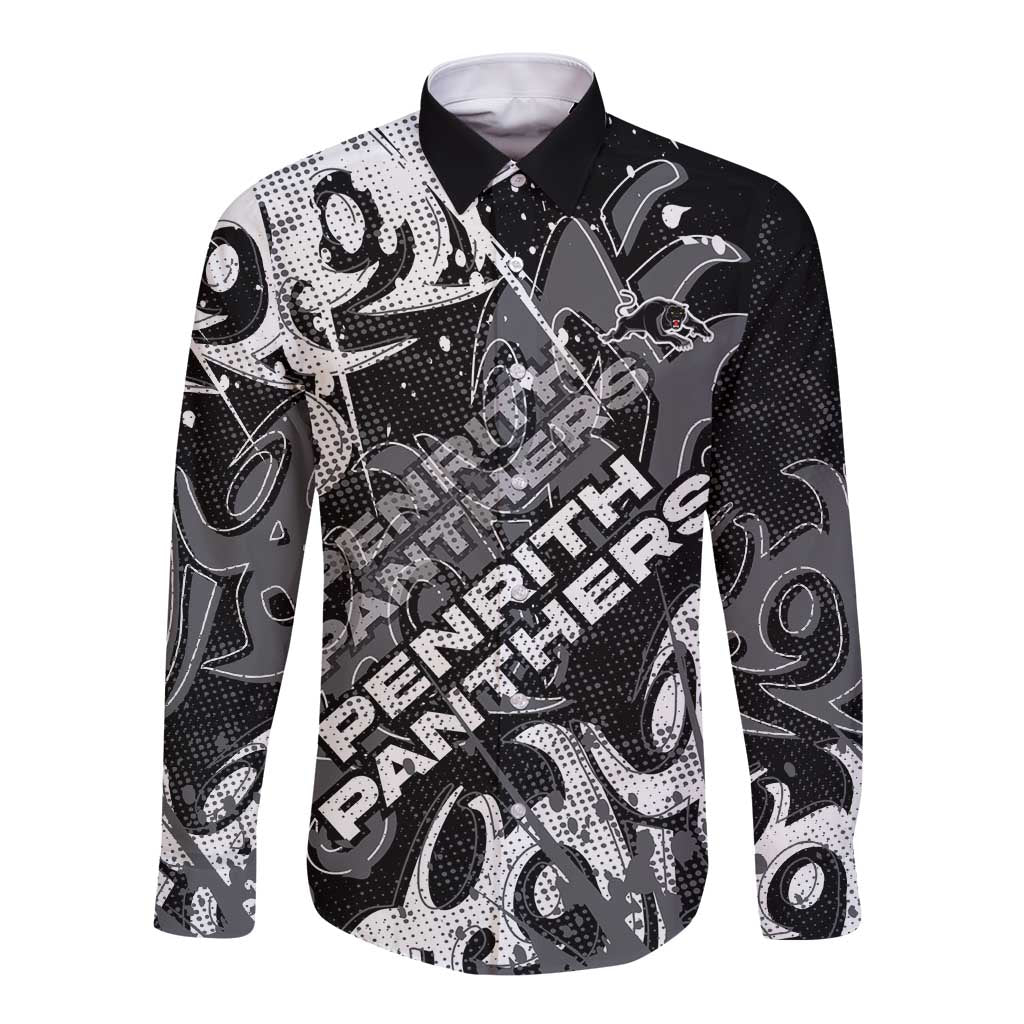 Personalized Penrith Panthers Rugby Long Sleeve Button Shirt Urban Street Graffiti Style - Distressed Splatter Elements