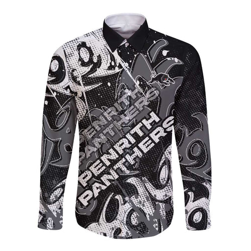 Personalized Penrith Panthers Rugby Long Sleeve Button Shirt Urban Street Graffiti Style - Distressed Splatter Elements