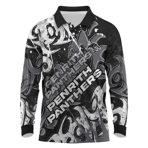 Personalized Penrith Panthers Rugby Long Sleeve Polo Shirt Urban Street Graffiti Style - Distressed Splatter Elements