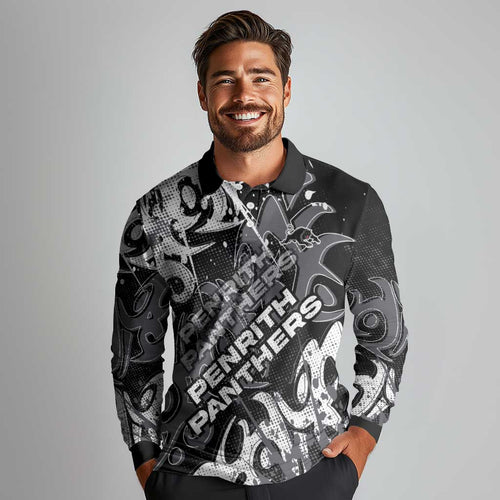Personalized Penrith Panthers Rugby Long Sleeve Polo Shirt Urban Street Graffiti Style - Distressed Splatter Elements