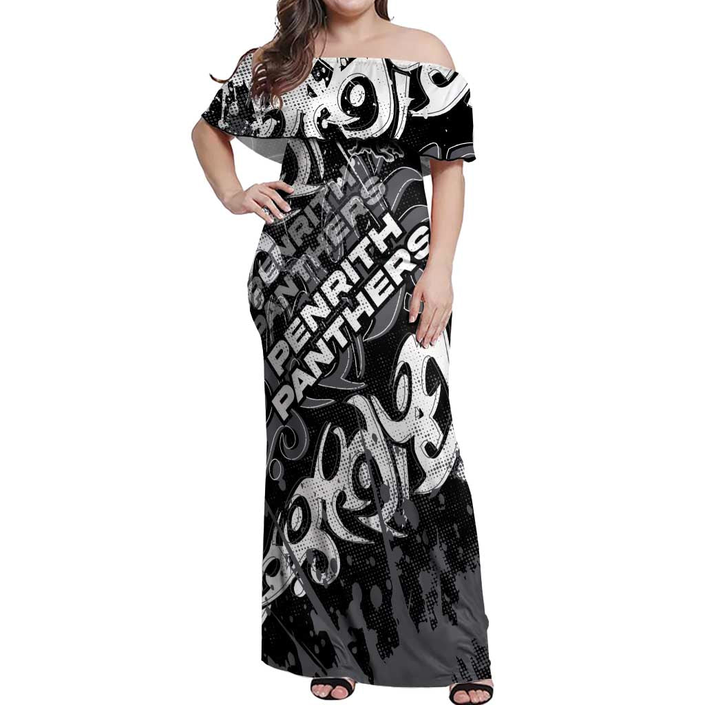 Personalized Penrith Panthers Rugby Off Shoulder Maxi Dress Urban Street Graffiti Style - Distressed Splatter Elements