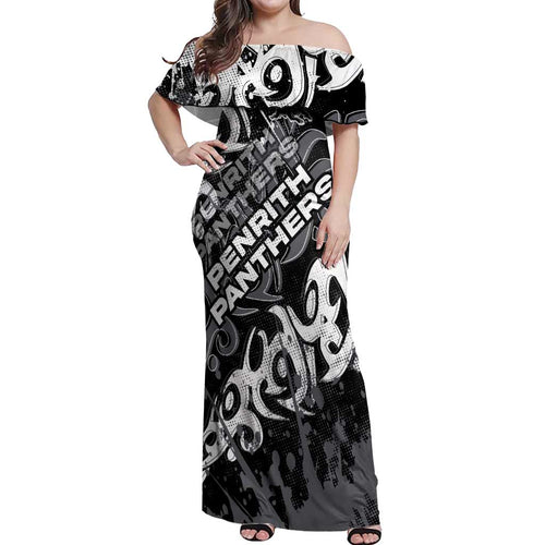 Personalized Penrith Panthers Rugby Off Shoulder Maxi Dress Urban Street Graffiti Style - Distressed Splatter Elements
