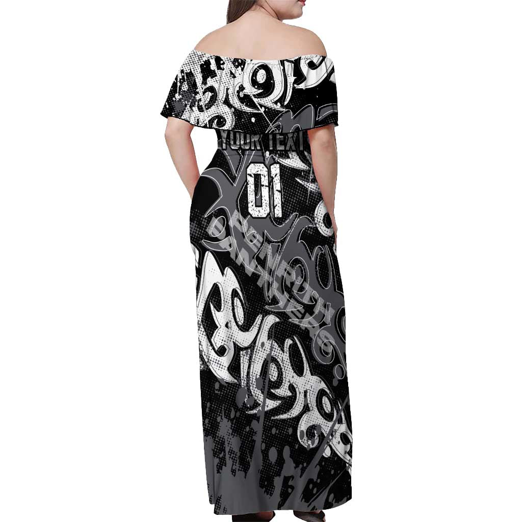 Personalized Penrith Panthers Rugby Off Shoulder Maxi Dress Urban Street Graffiti Style - Distressed Splatter Elements
