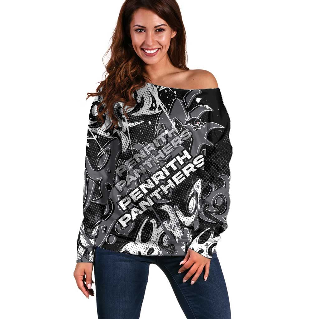 Personalized Penrith Panthers Rugby Off Shoulder Sweater Urban Street Graffiti Style - Distressed Splatter Elements