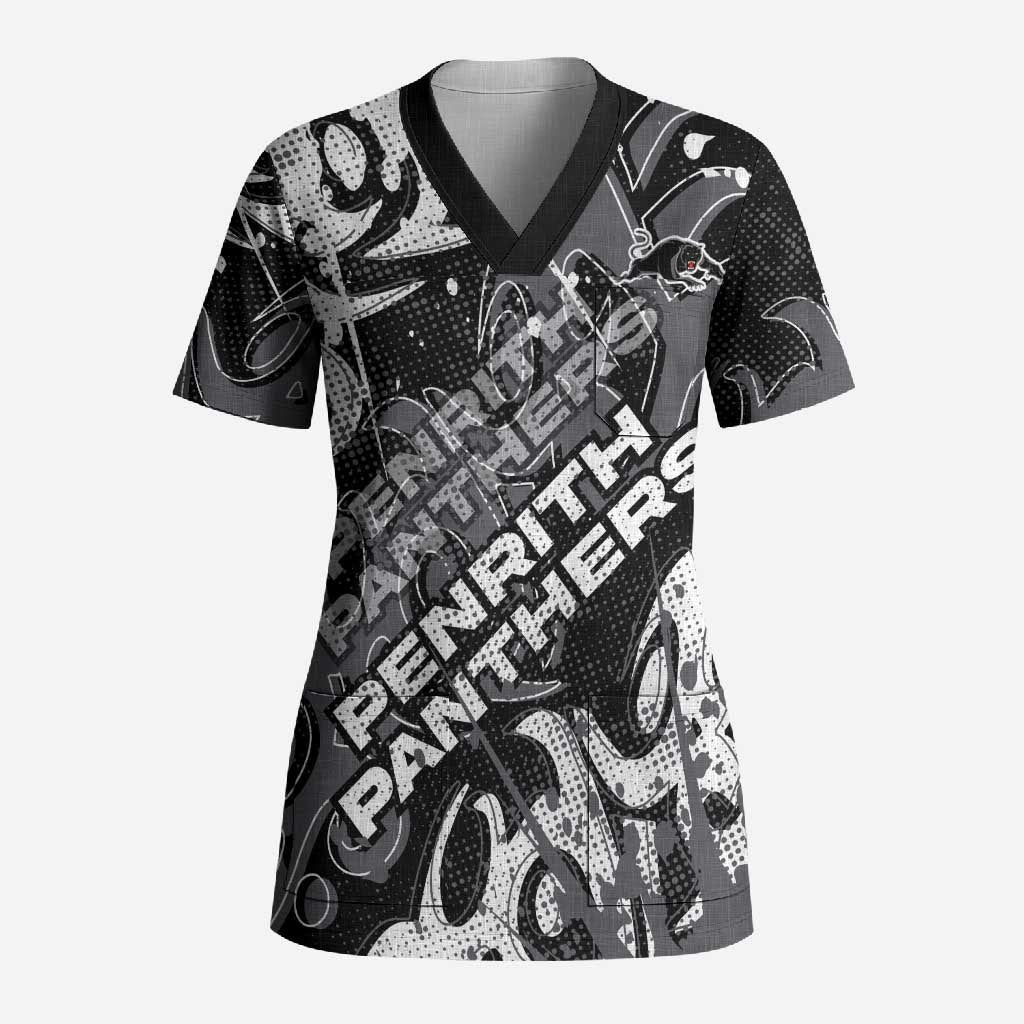 Personalized Penrith Panthers Rugby Scrub Top Urban Street Graffiti Style - Distressed Splatter Elements