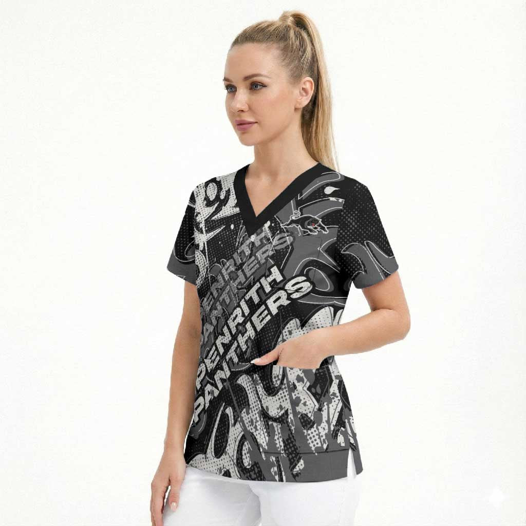 Personalized Penrith Panthers Rugby Scrub Top Urban Street Graffiti Style - Distressed Splatter Elements