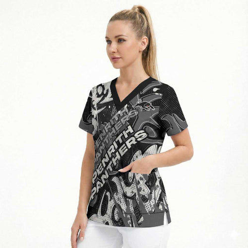 Personalized Penrith Panthers Rugby Scrub Top Urban Street Graffiti Style - Distressed Splatter Elements