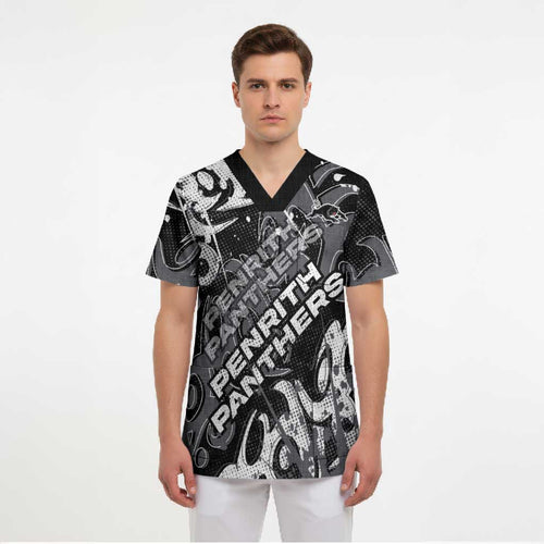 Personalized Penrith Panthers Rugby Scrub Top Urban Street Graffiti Style - Distressed Splatter Elements