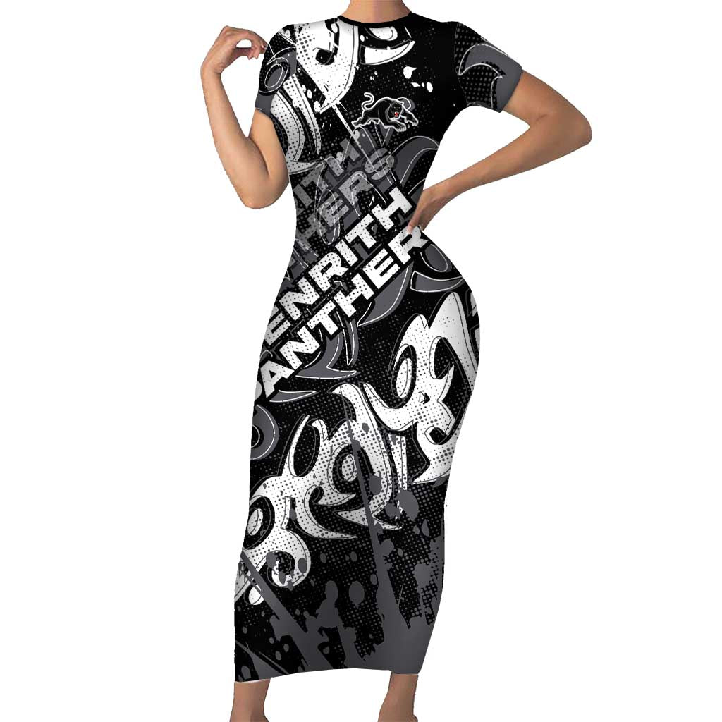Personalized Penrith Panthers Rugby Short Sleeve Bodycon Dress Urban Street Graffiti Style - Distressed Splatter Elements