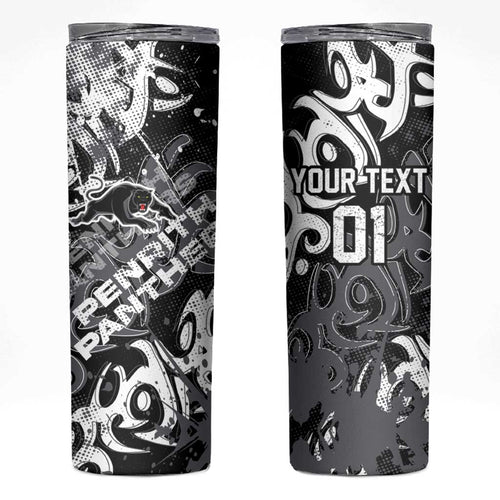 Personalized Penrith Panthers Rugby Skinny Tumbler Urban Street Graffiti Style - Distressed Splatter Elements