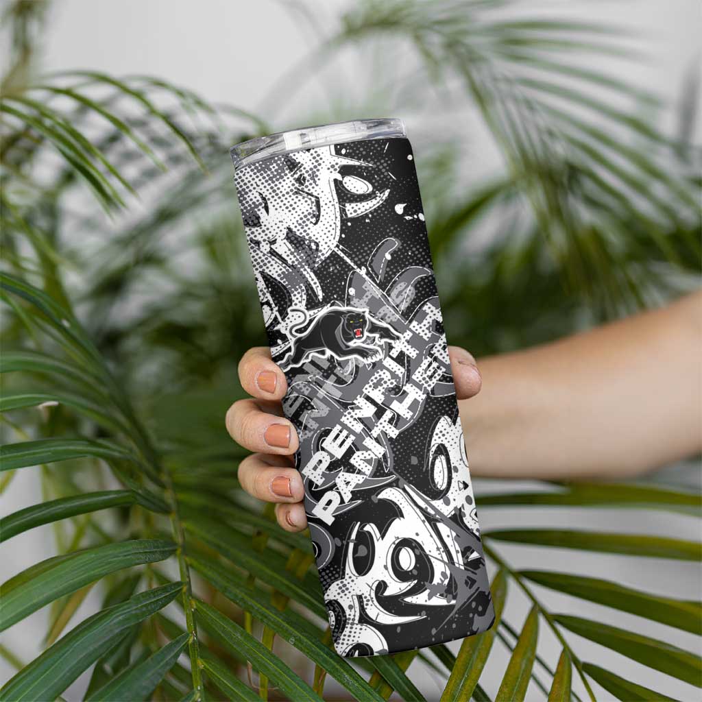 Personalized Penrith Panthers Rugby Skinny Tumbler Urban Street Graffiti Style - Distressed Splatter Elements