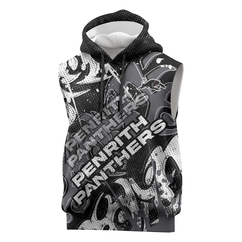 Personalized Penrith Panthers Rugby Sleeveless Hoodie Urban Street Graffiti Style - Distressed Splatter Elements