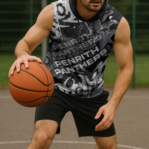 Personalized Penrith Panthers Rugby Sleeveless Hoodie Urban Street Graffiti Style - Distressed Splatter Elements
