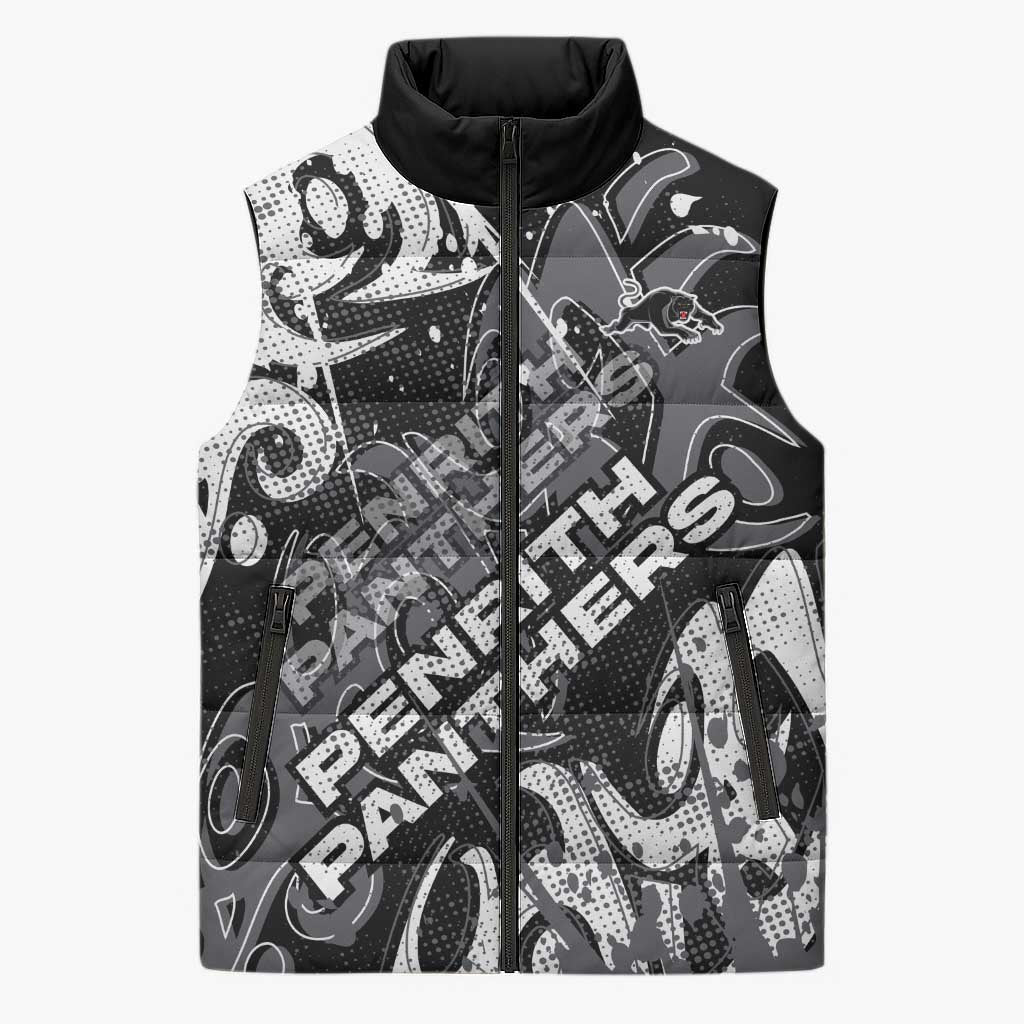 Personalized Penrith Panthers Rugby Sleeveless Puffer Jacket Urban Street Graffiti Style - Distressed Splatter Elements