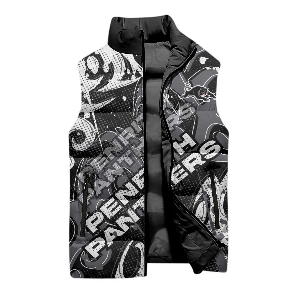 Personalized Penrith Panthers Rugby Sleeveless Puffer Jacket Urban Street Graffiti Style - Distressed Splatter Elements