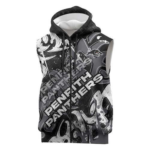 Personalized Penrith Panthers Rugby Sleeveless Zip Hoodie Urban Street Graffiti Style - Distressed Splatter Elements