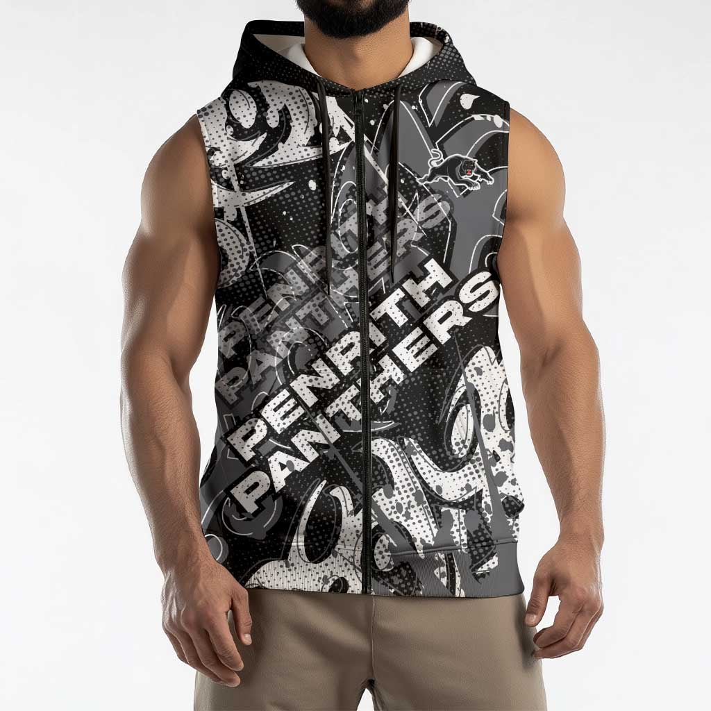 Personalized Penrith Panthers Rugby Sleeveless Zip Hoodie Urban Street Graffiti Style - Distressed Splatter Elements