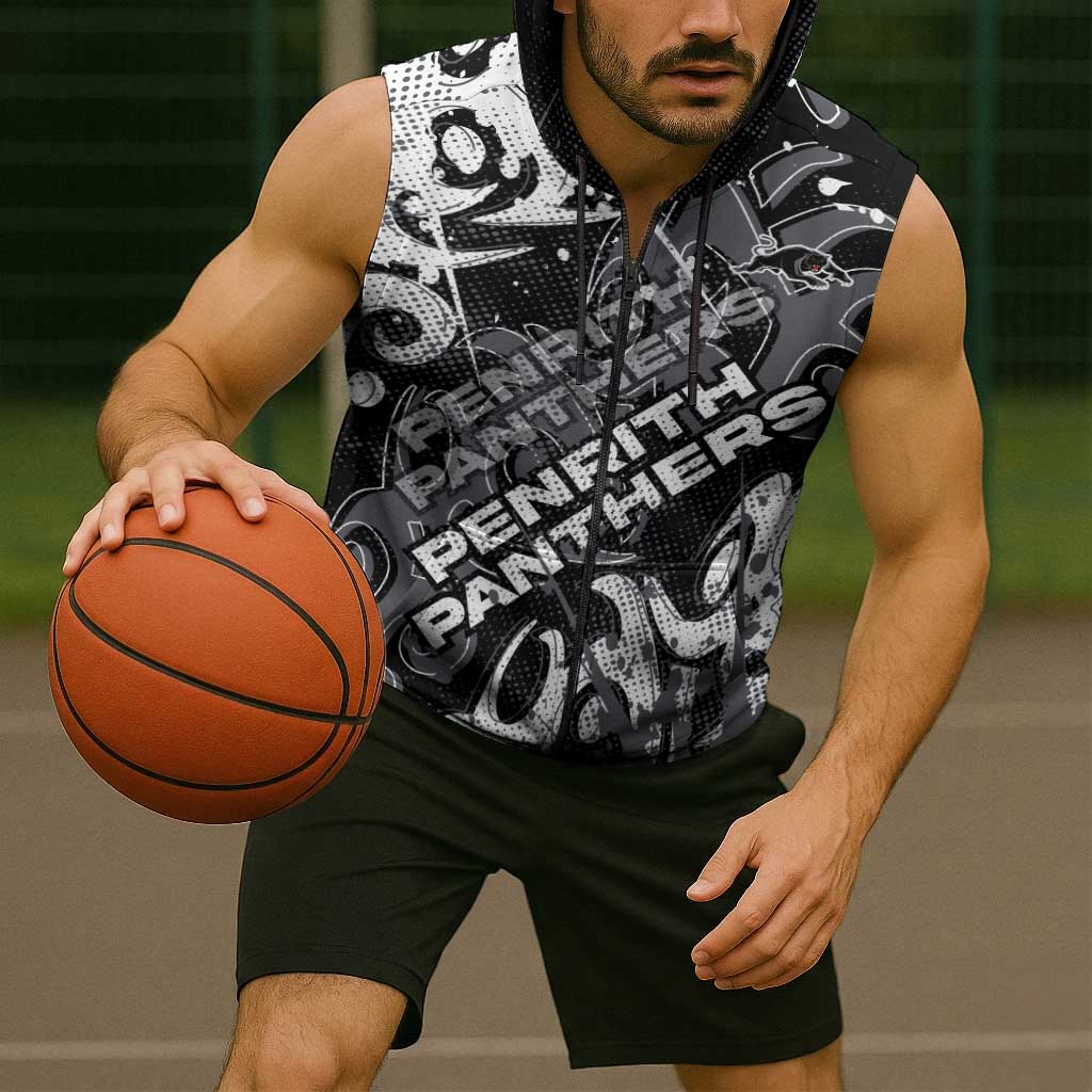 Personalized Penrith Panthers Rugby Sleeveless Zip Hoodie Urban Street Graffiti Style - Distressed Splatter Elements