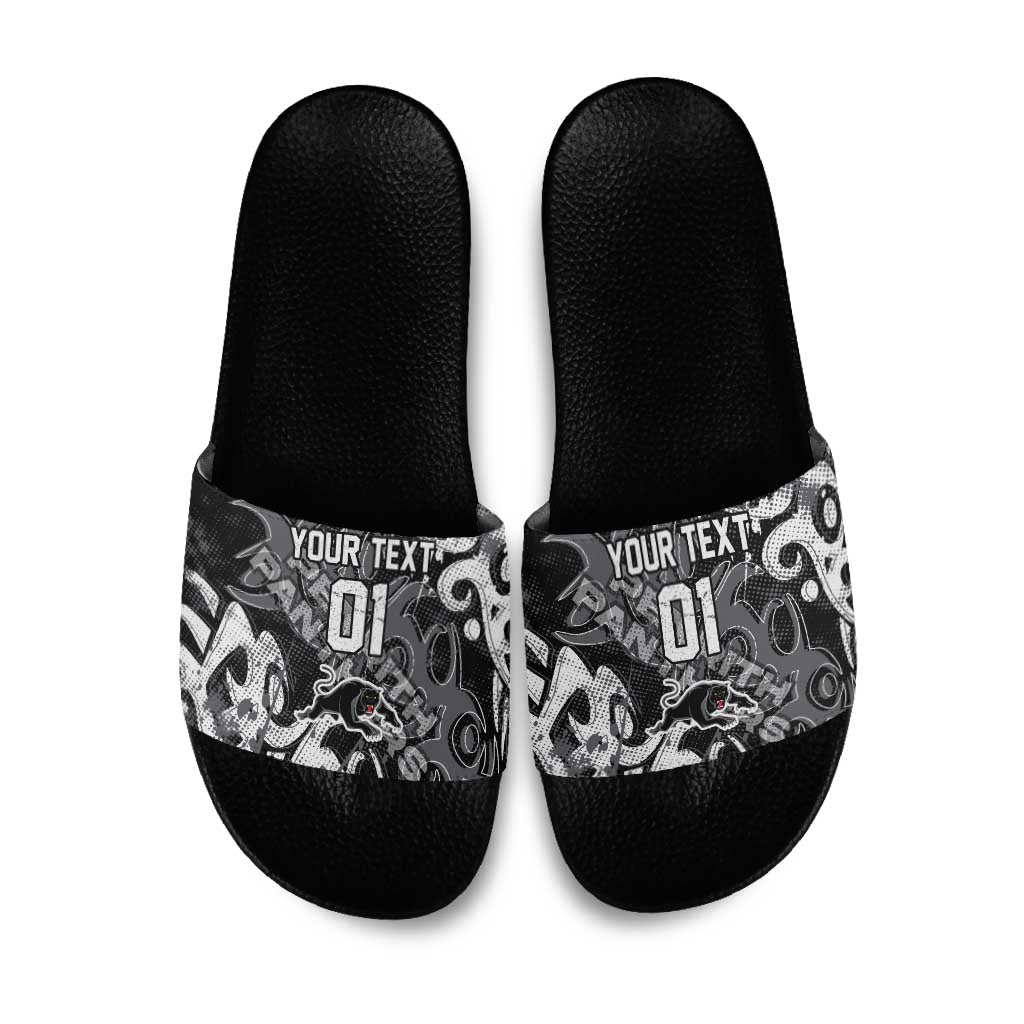 Personalized Penrith Panthers Rugby Slide Sandals Urban Street Graffiti Style - Distressed Splatter Elements