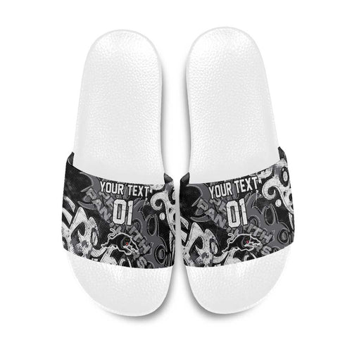Personalized Penrith Panthers Rugby Slide Sandals Urban Street Graffiti Style - Distressed Splatter Elements