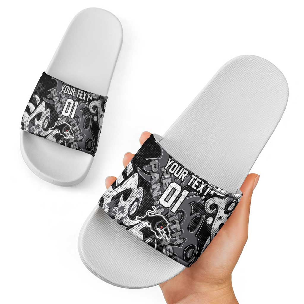 Personalized Penrith Panthers Rugby Slide Sandals Urban Street Graffiti Style - Distressed Splatter Elements