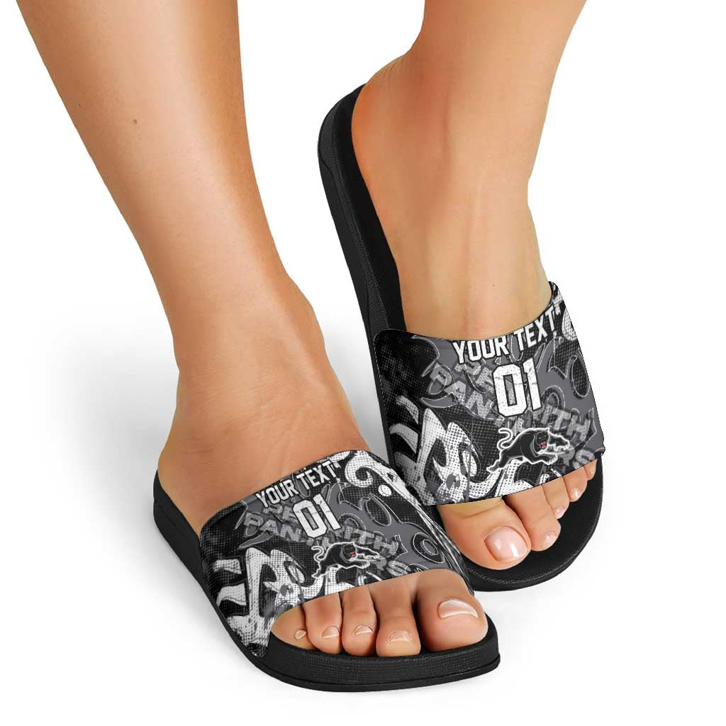 Personalized Penrith Panthers Rugby Slide Sandals Urban Street Graffiti Style - Distressed Splatter Elements