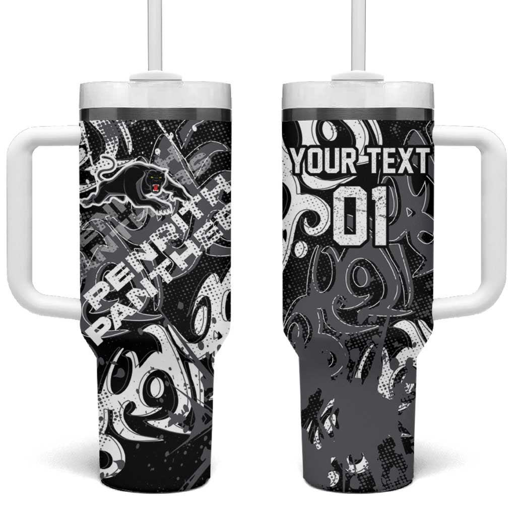 Personalized Penrith Panthers Rugby Tumbler With Handle Urban Street Graffiti Style - Distressed Splatter Elements