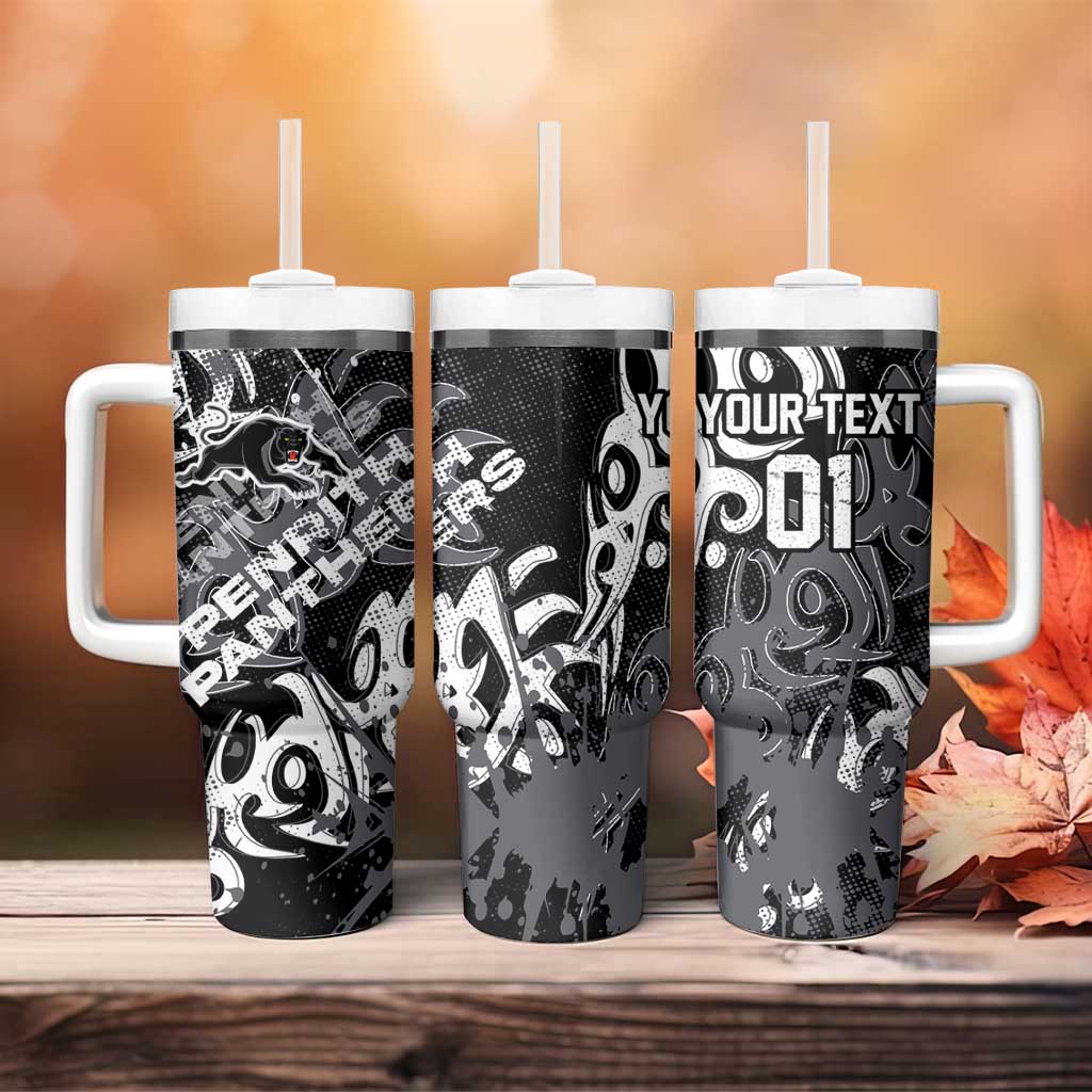 Personalized Penrith Panthers Rugby Tumbler With Handle Urban Street Graffiti Style - Distressed Splatter Elements