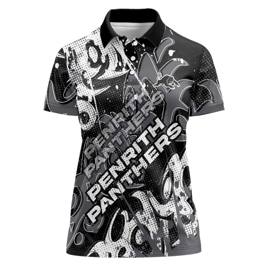 Personalized Penrith Panthers Rugby Women Polo Shirt Urban Street Graffiti Style - Distressed Splatter Elements